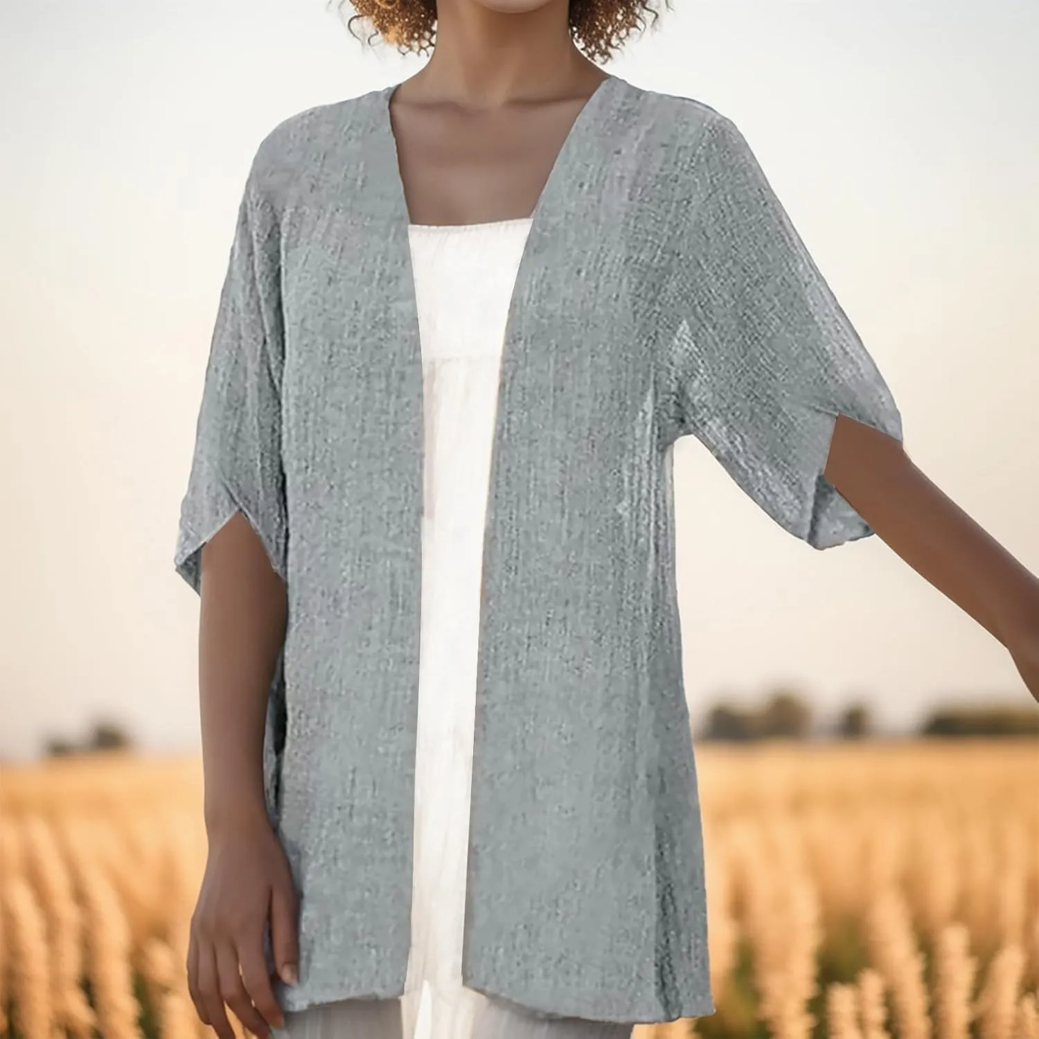 2023 Women Lightweight Coat Trendy Open Front Cardigans Long Sleeve Casual Soft Drape Fall Cardigan Linen Half Sleeve Jacket