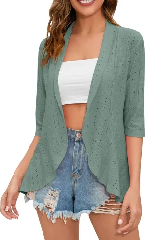2023 Women's Casual Lightweight Coat Short Open Front Cardigans Soft Draped Ruffles 3/4 Sleeve Cardigan Fall Soft Kimono