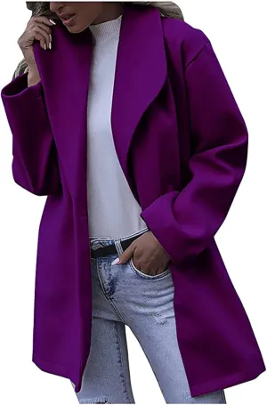 2023 Women's Winter Trench Coat Elegant Long Sleeve Pea Coat Lapel Open Front Mid-Length Jacket Cardigan Overcoat