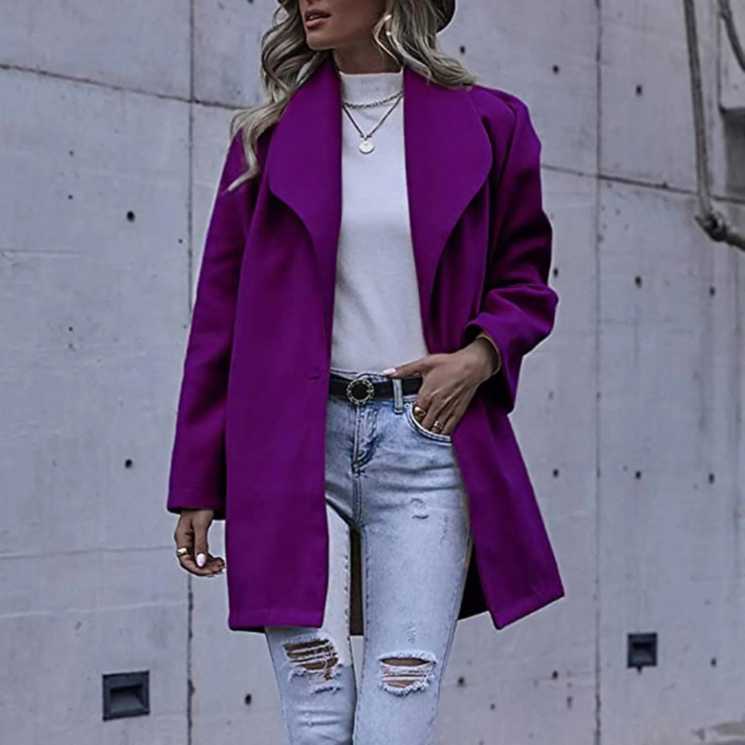 2023 Women's Winter Trench Coat Elegant Long Sleeve Pea Coat Lapel Open Front Mid-Length Jacket Cardigan Overcoat