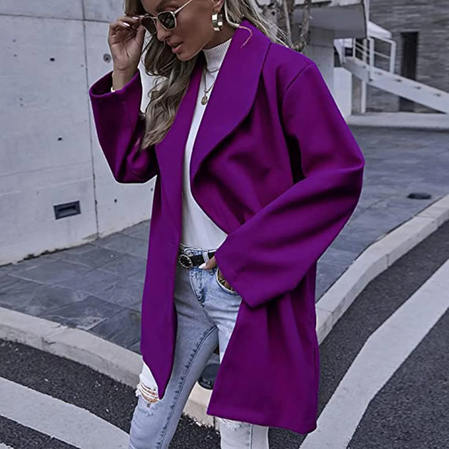 2023 Women's Winter Trench Coat Elegant Long Sleeve Pea Coat Lapel Open Front Mid-Length Jacket Cardigan Overcoat