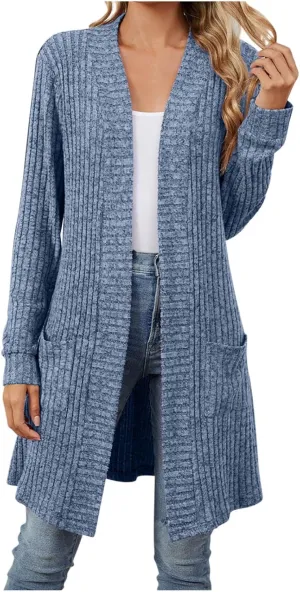 2024 Fall Cardigan Sweaters for Women Fashion Open Front Cardigan Coat Casual Solid Knit Outerwear with Pockets