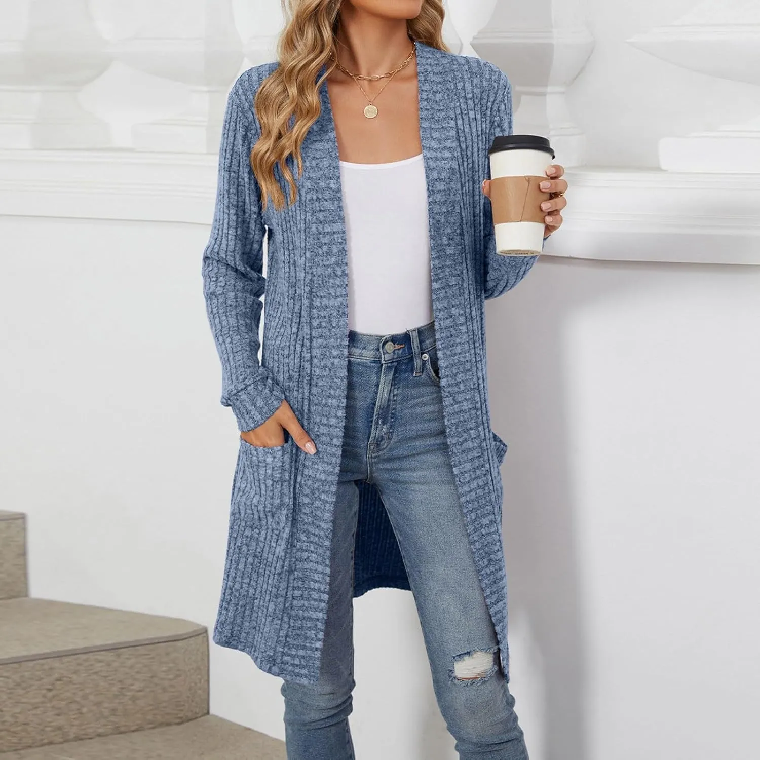 2024 Fall Cardigan Sweaters for Women Fashion Open Front Cardigan Coat Casual Solid Knit Outerwear with Pockets