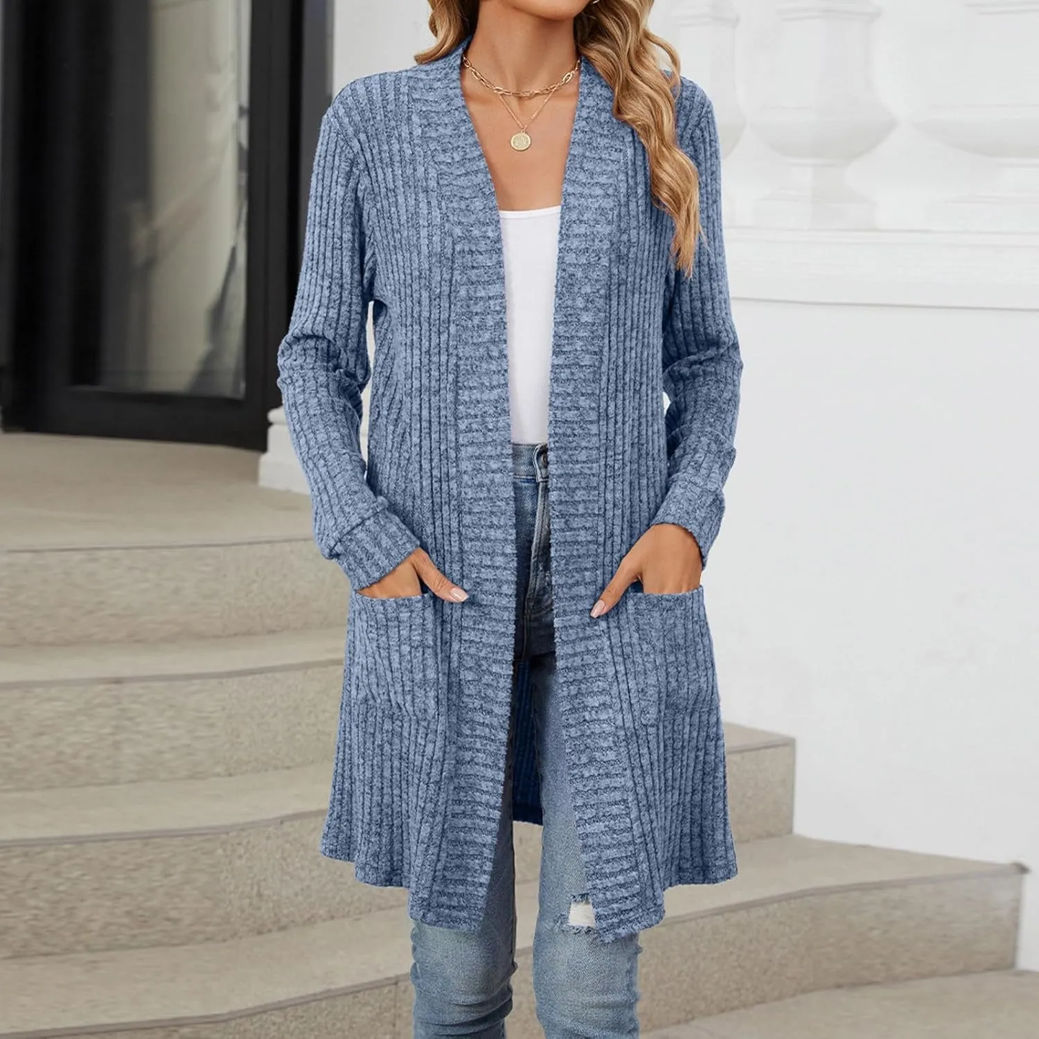 2024 Fall Cardigan Sweaters for Women Fashion Open Front Cardigan Coat Casual Solid Knit Outerwear with Pockets