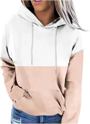 2024 Fall Hoodies for Women Drawstring Colorblock Long Sleeves Hooded Clothes Fashion Loose Fit Cozy Tops With Pocket