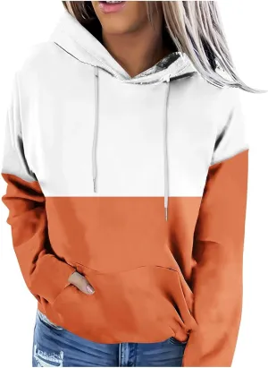 2024 Fall Hoodies for Women Drawstring Colorblock Long Sleeves Hooded Clothes Fashion Loose Fit Cozy Tops With Pocket