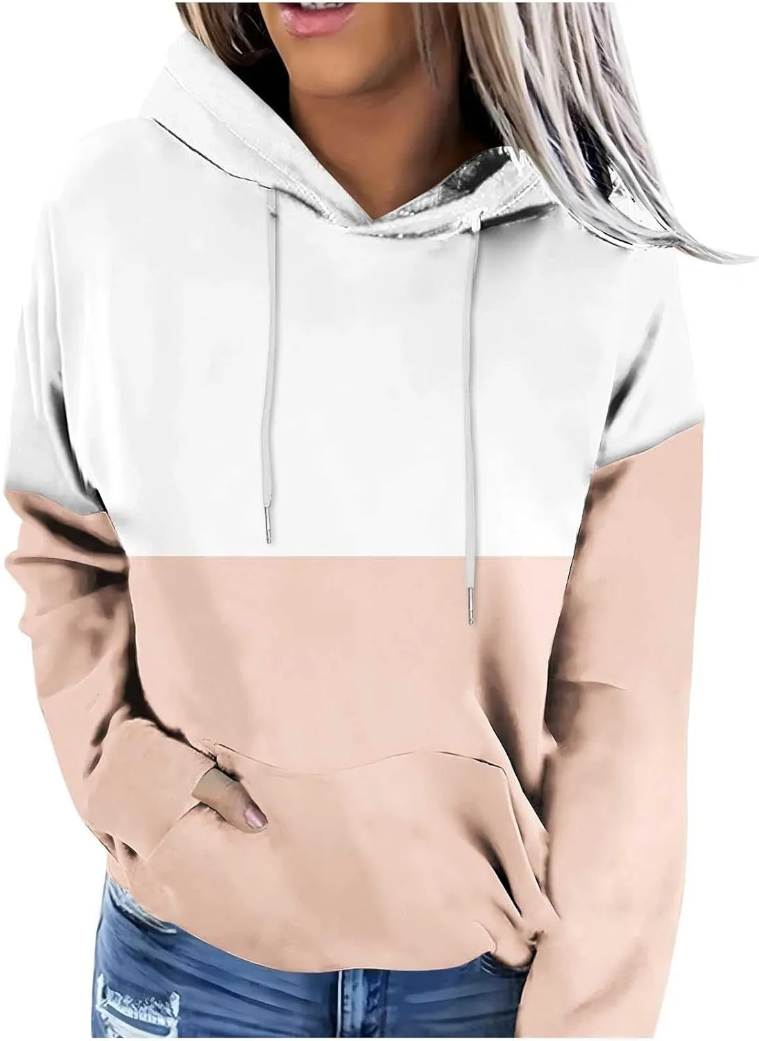 2024 Fall Hoodies for Women Drawstring Colorblock Long Sleeves Hooded Clothes Fashion Loose Fit Cozy Tops With Pocket