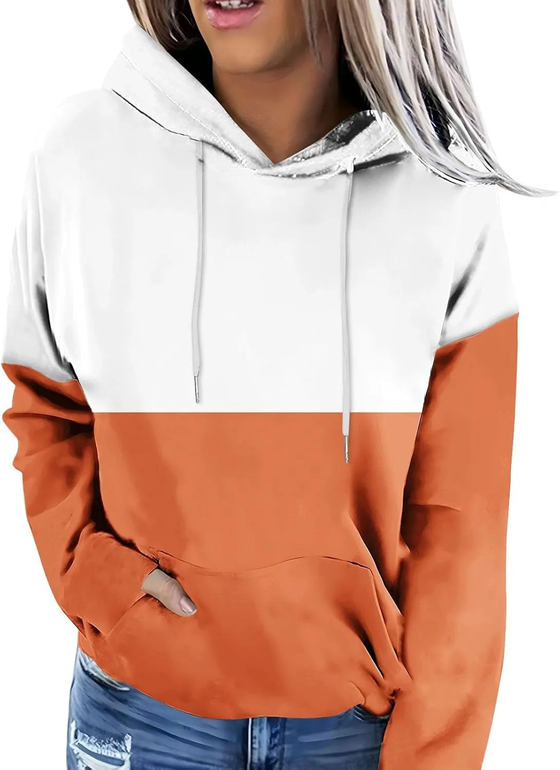 2024 Fall Hoodies for Women Drawstring Colorblock Long Sleeves Hooded Clothes Fashion Loose Fit Cozy Tops With Pocket