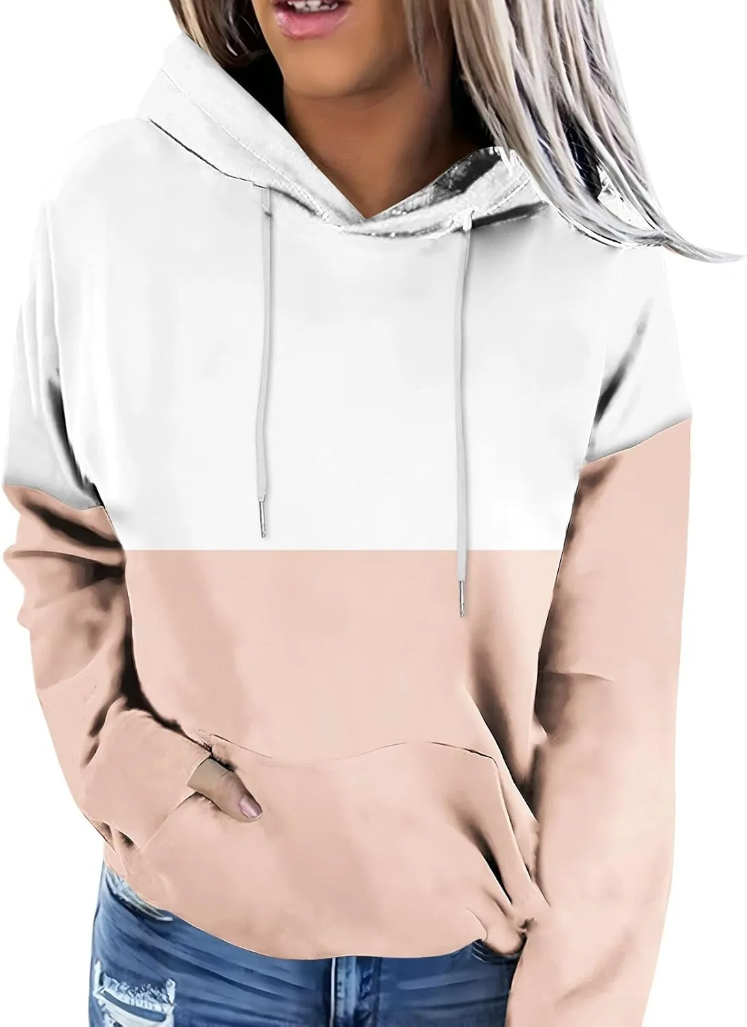 2024 Fall Hoodies for Women Drawstring Colorblock Long Sleeves Hooded Clothes Fashion Loose Fit Cozy Tops With Pocket