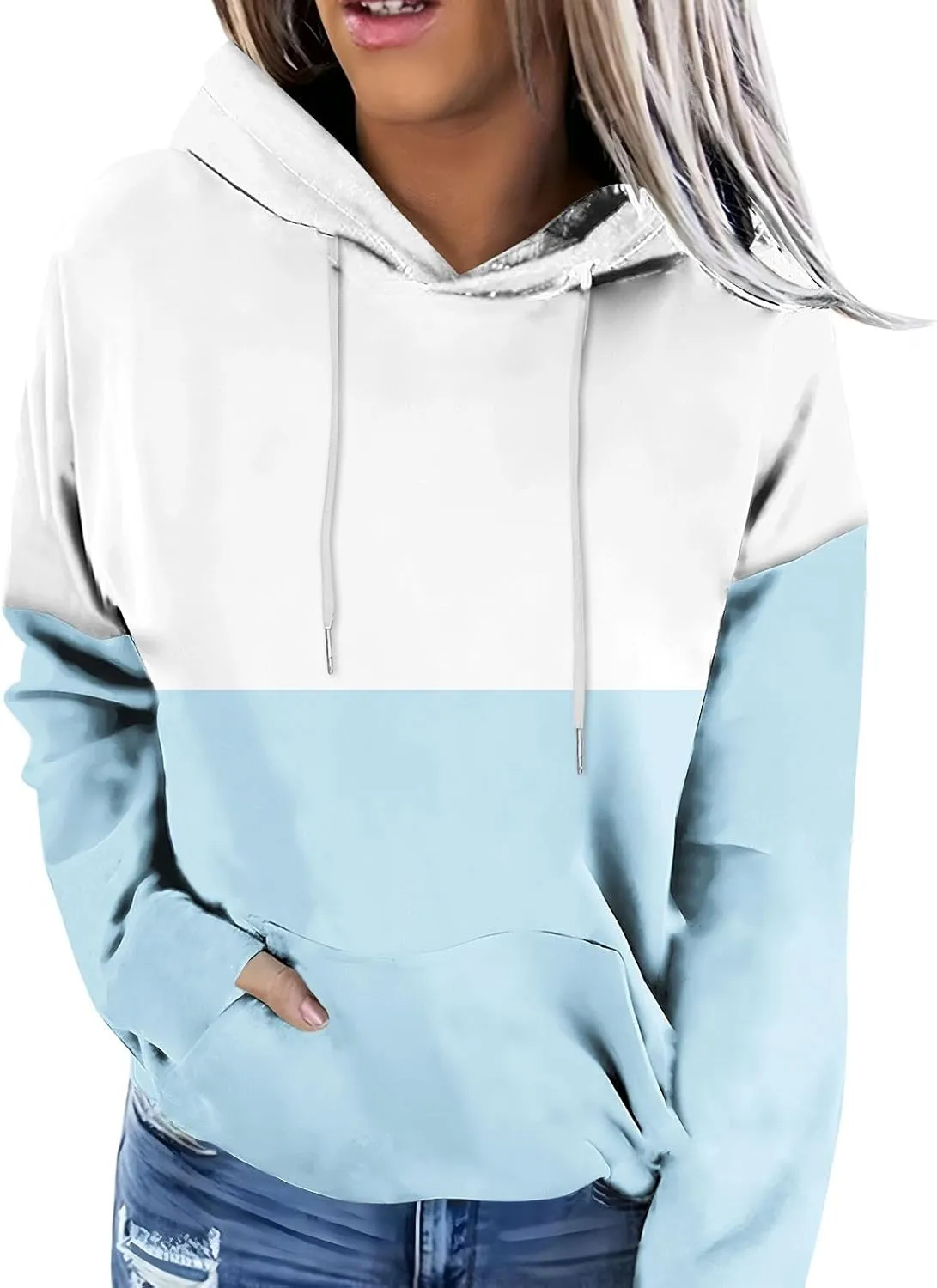 2024 Fall Hoodies for Women Drawstring Colorblock Long Sleeves Hooded Clothes Fashion Loose Fit Cozy Tops With Pocket