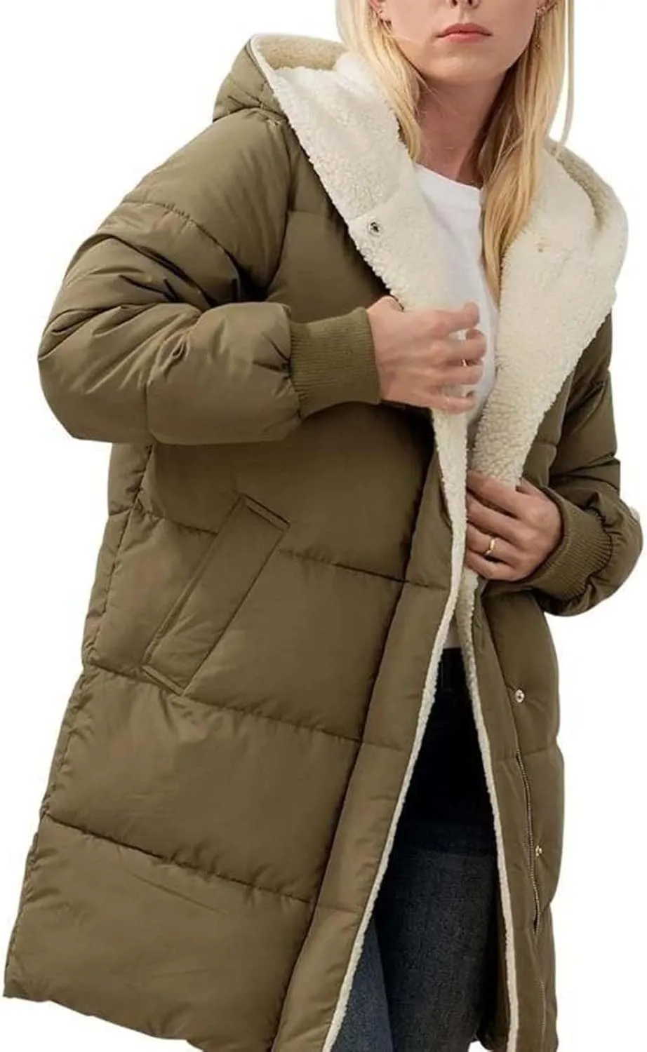 2024 Women's Winter Puffer Coat Thickened Down Jacket Warm Long Down Hood Fleece Lined Long Hooded Puffer Jacket