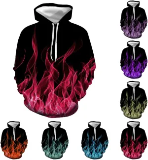 3D Flame Print Hoodies for Men Women Long Sleeves Casual Shirt Hooded Pullover Loose Tops with Pockets