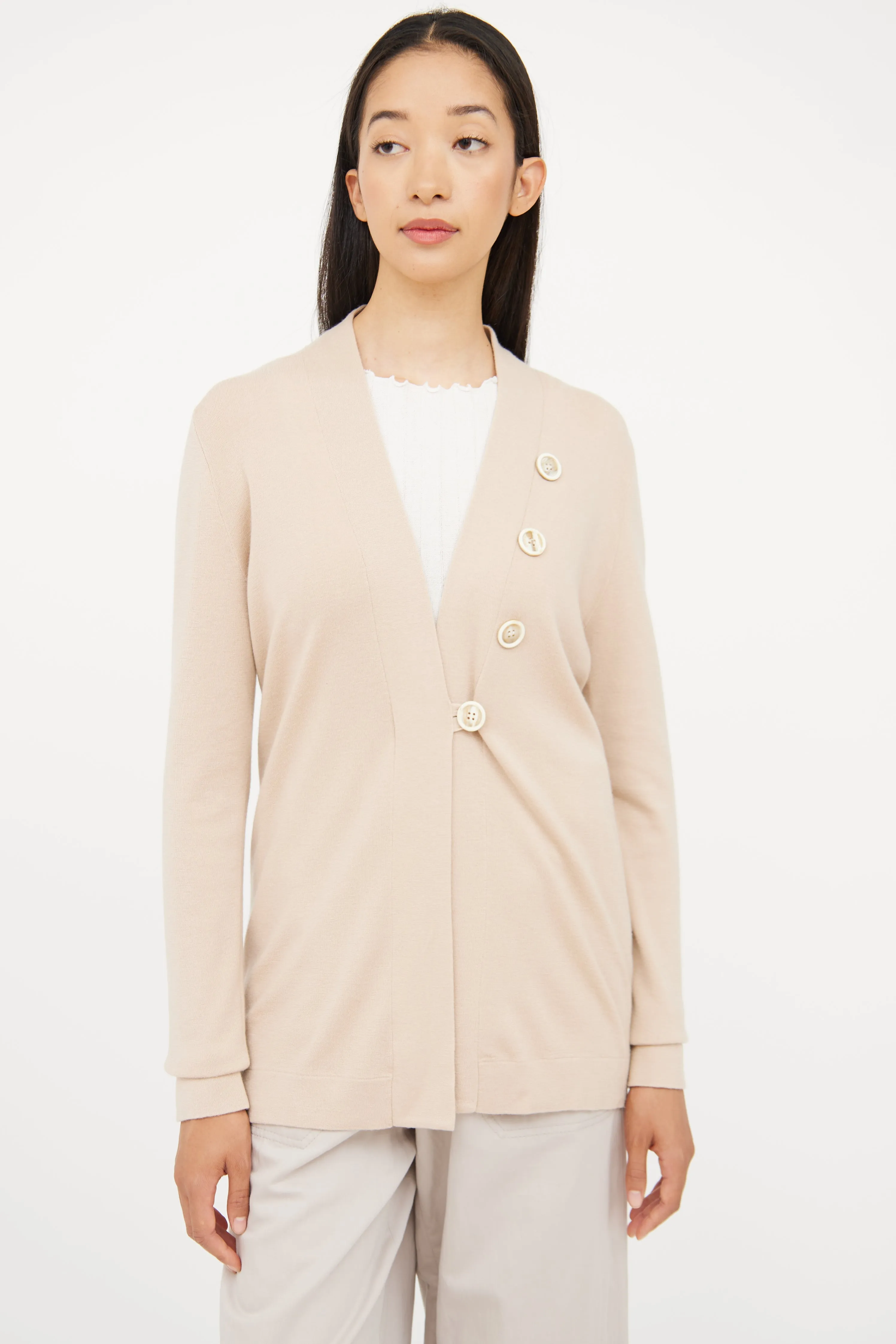 Beige Asymmetrical Button Cardigan