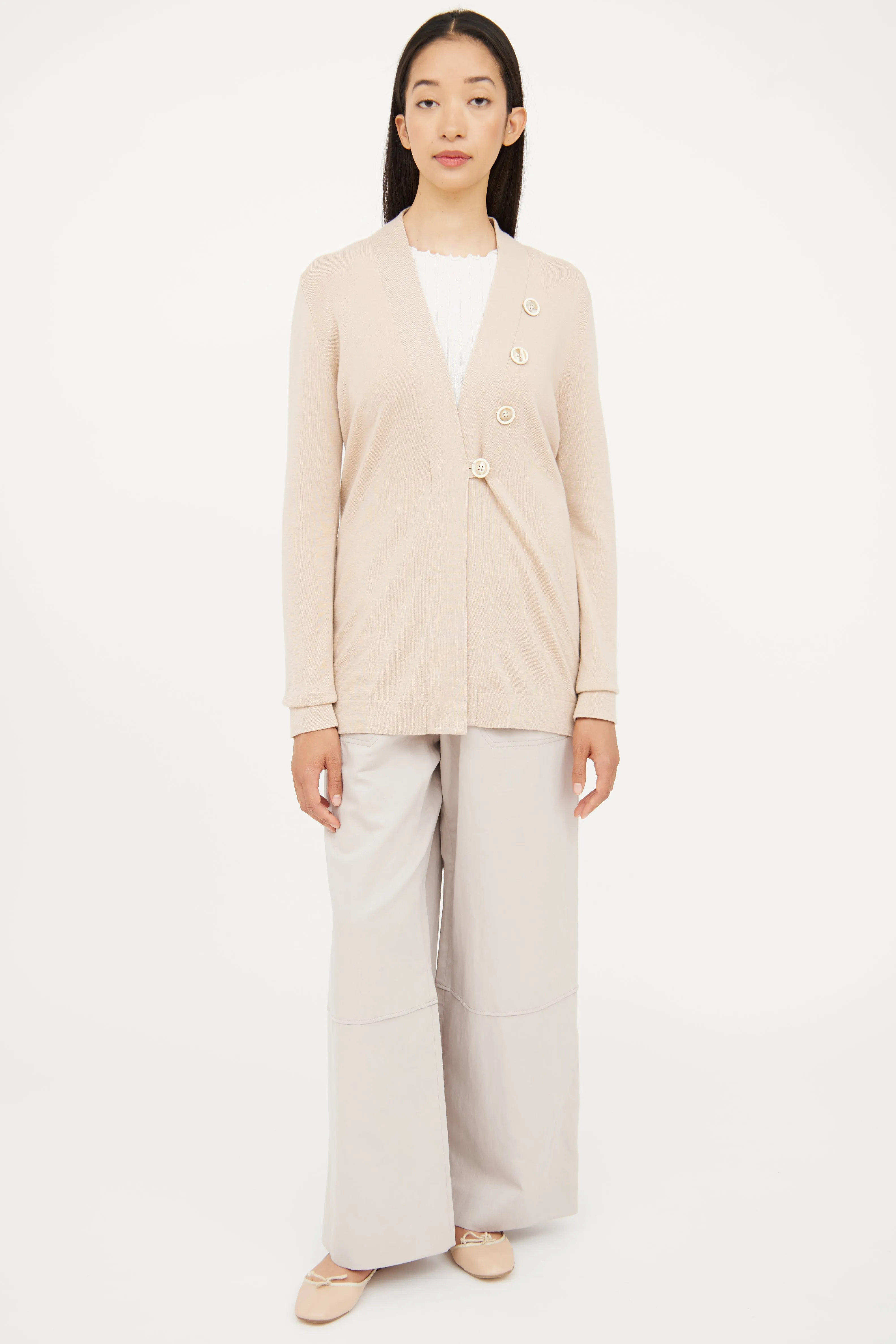 Beige Asymmetrical Button Cardigan