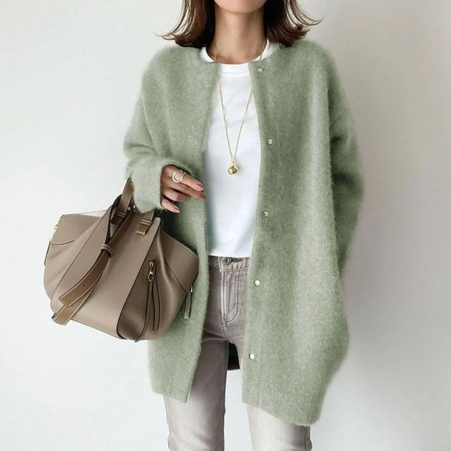Black Trench Coat Women,Women's Wool Coat Slim Trench Long Coat Fall Winter Elegant Round Neck Straight Sweaters