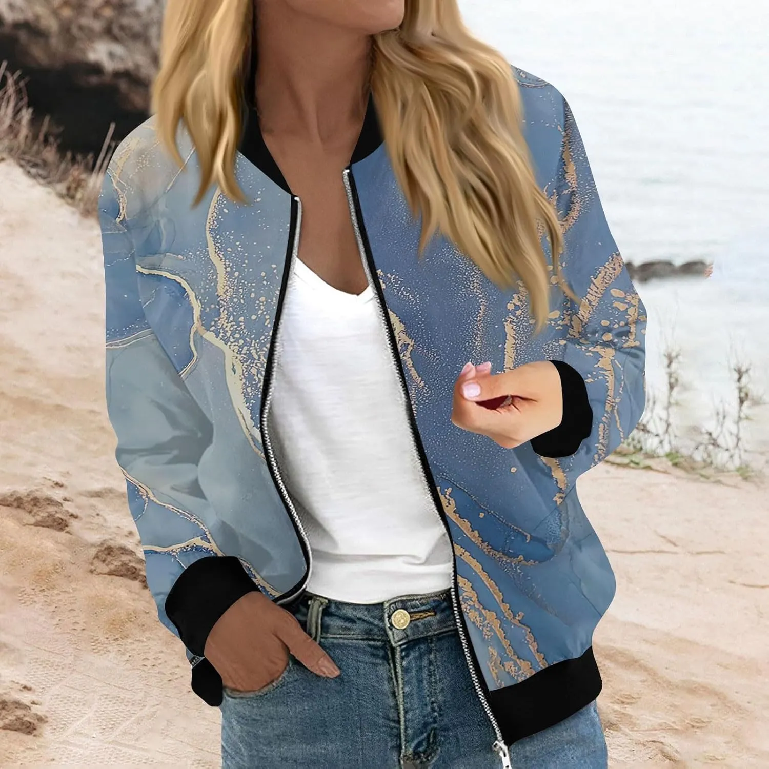 Bomber Jacket Women 2024 Causal Print Zip Up Coats Long Sleeve Stand Collar Fall Lightweight Outerwear With Pockets