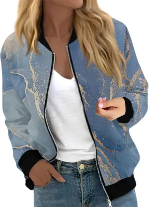 Bomber Jacket Women 2024 Causal Print Zip Up Coats Long Sleeve Stand Collar Fall Lightweight Outerwear With Pockets