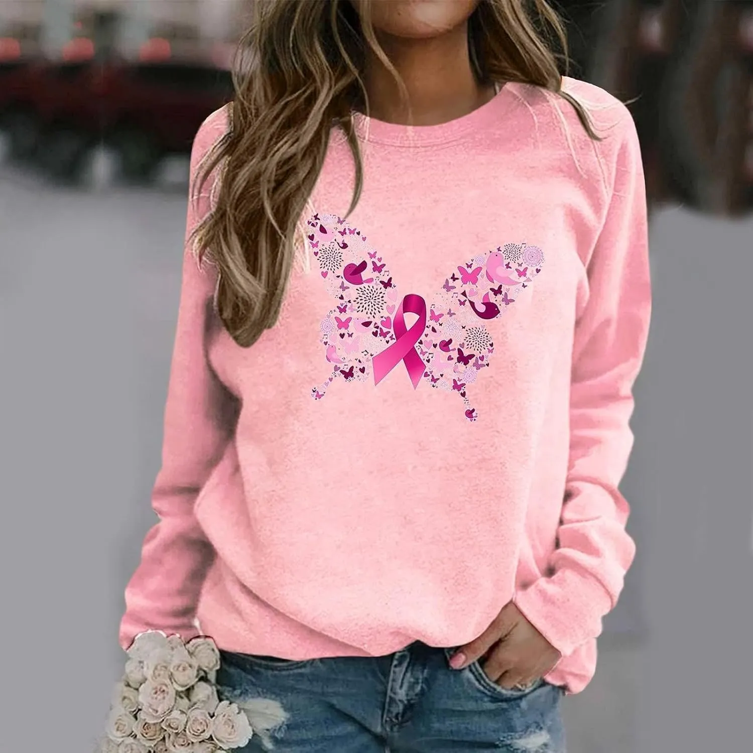 Breast Cancer Awareness Sweatshirt for Women Pink Ribbon Crewneck Long Sleeve Loose Tops Fall Trendy Pullover Clothes