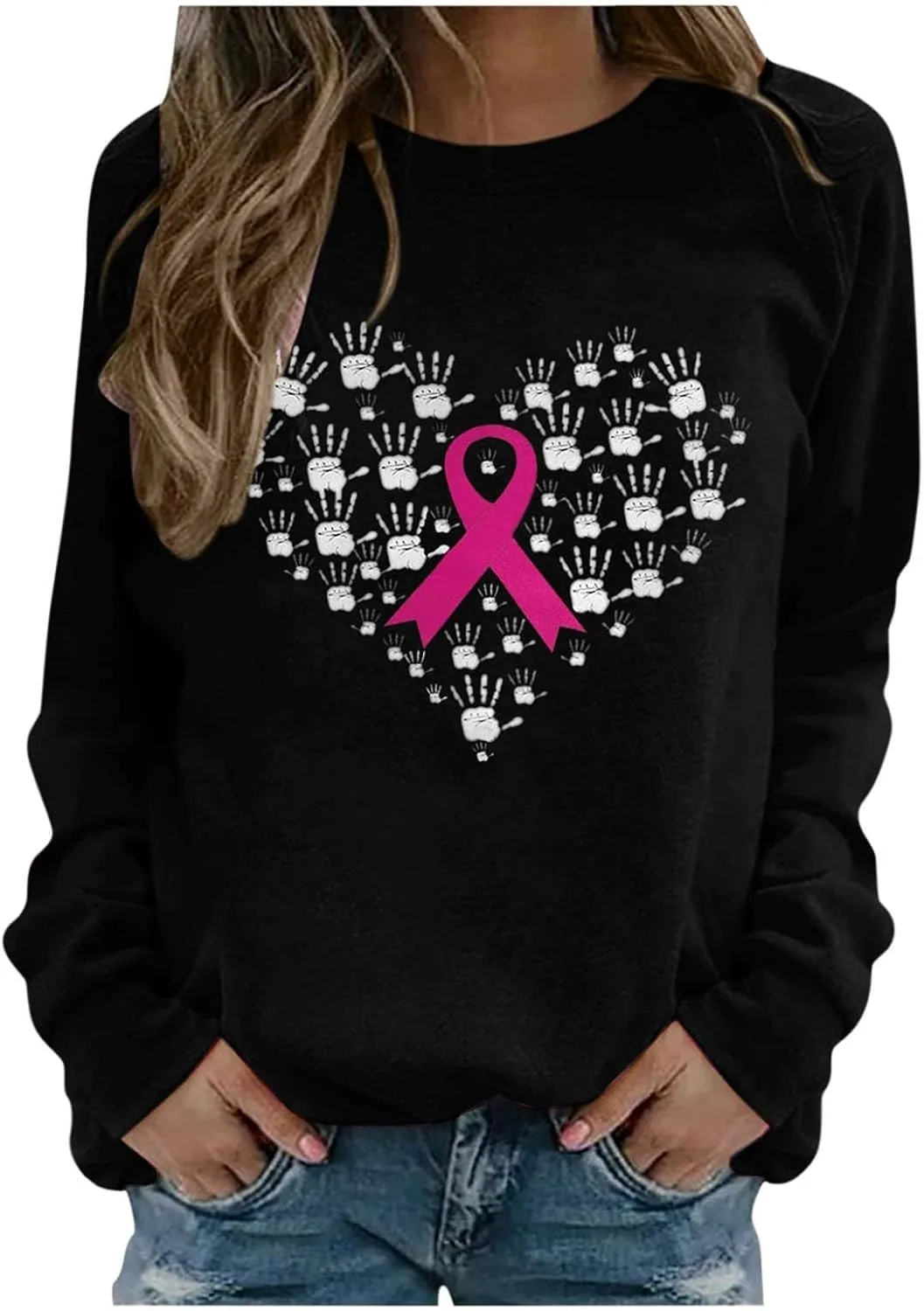 Breast Cancer Awareness Sweatshirt for Women Pink Ribbon Crewneck Long Sleeve Loose Tops Fall Trendy Pullover Clothes