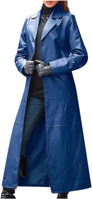 BZGTZT Women's Sexy Pu Faux Leather Trench Coat Hipster Notch Lapel Single Breasted Long Maxi Moto Biker Jackets Overcoat