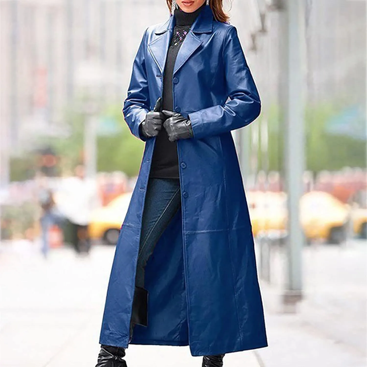 BZGTZT Women's Sexy Pu Faux Leather Trench Coat Hipster Notch Lapel Single Breasted Long Maxi Moto Biker Jackets Overcoat