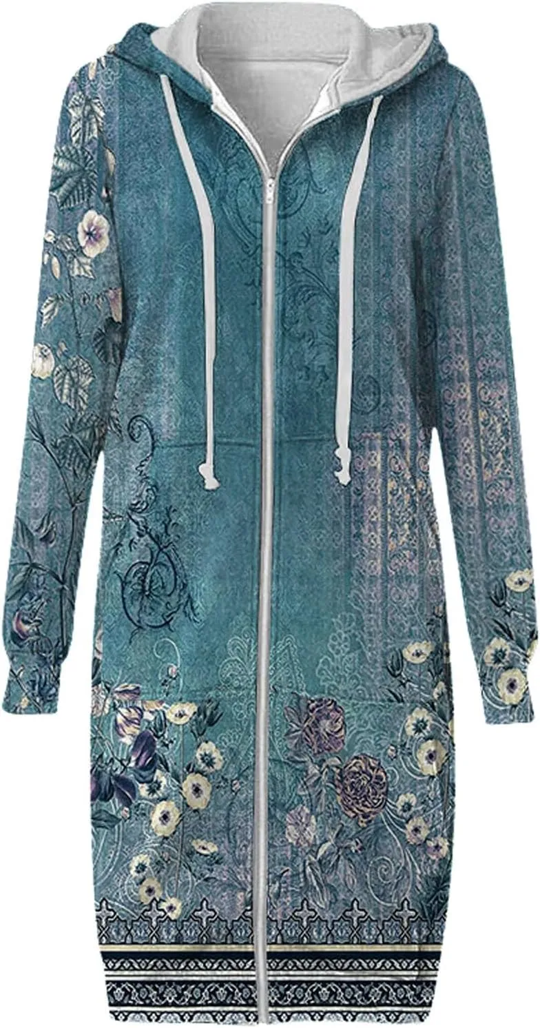 Caidigan Coat for Women Loose Fit Drawstring Hooded Open Front Long Sleeve Full Zip Up Jackets Autumn Casual Hoodies