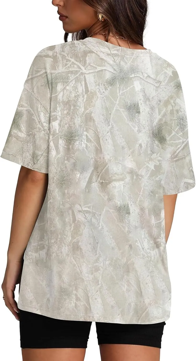 Camo Shirts for Women Oversized Maple Leaf Print Tee Summer Trendy Crewneck Short Sleeve Pullover Tops