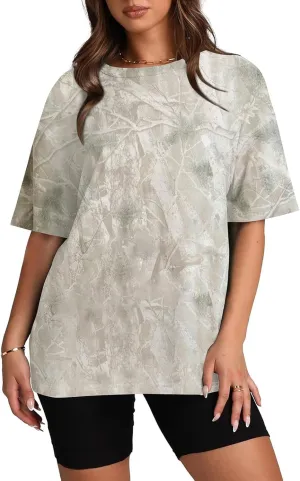 Camo Shirts for Women Oversized Maple Leaf Print Tee Summer Trendy Crewneck Short Sleeve Pullover Tops