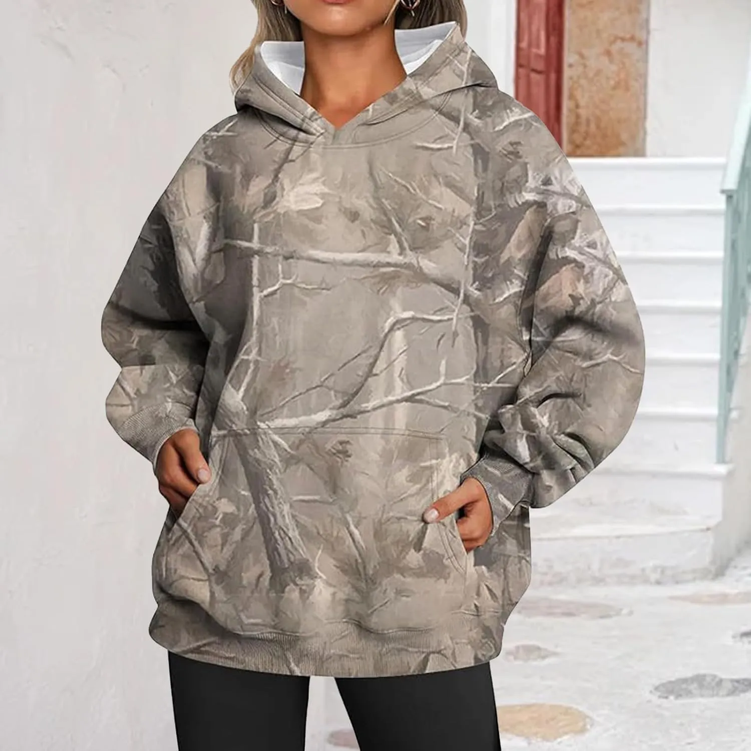 Camo Sweatshirt for Women Maple Leaf Print Hoodie Casual Pullover Shirts Loose Tunic Tops with Pockets Fall Clothes