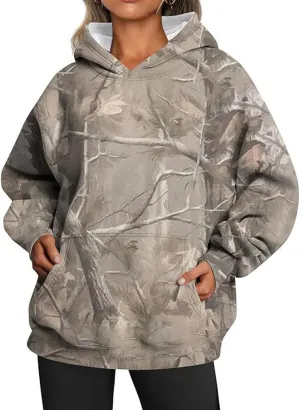 Camo Sweatshirt for Women Maple Leaf Print Hoodie Casual Pullover Shirts Loose Tunic Tops with Pockets Fall Clothes