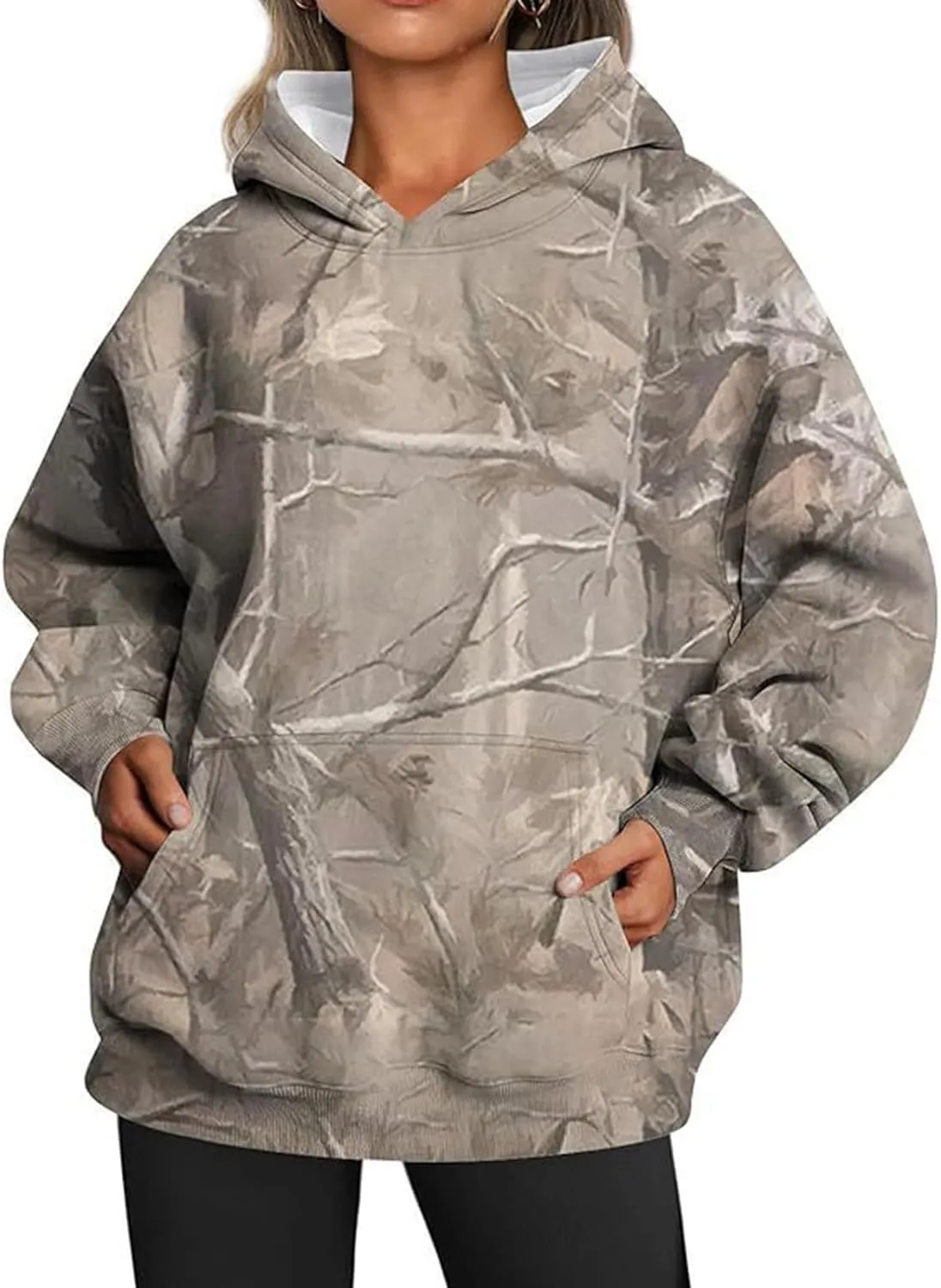 Camo Sweatshirt for Women Maple Leaf Print Hoodie Casual Pullover Shirts Loose Tunic Tops with Pockets Fall Clothes
