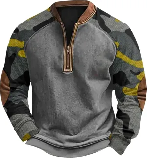 Camoflauge Quarter Zip Sweatshirt Men Plus Size Military Long Sleeve Fall Camouflage Pullover Sweatshirts