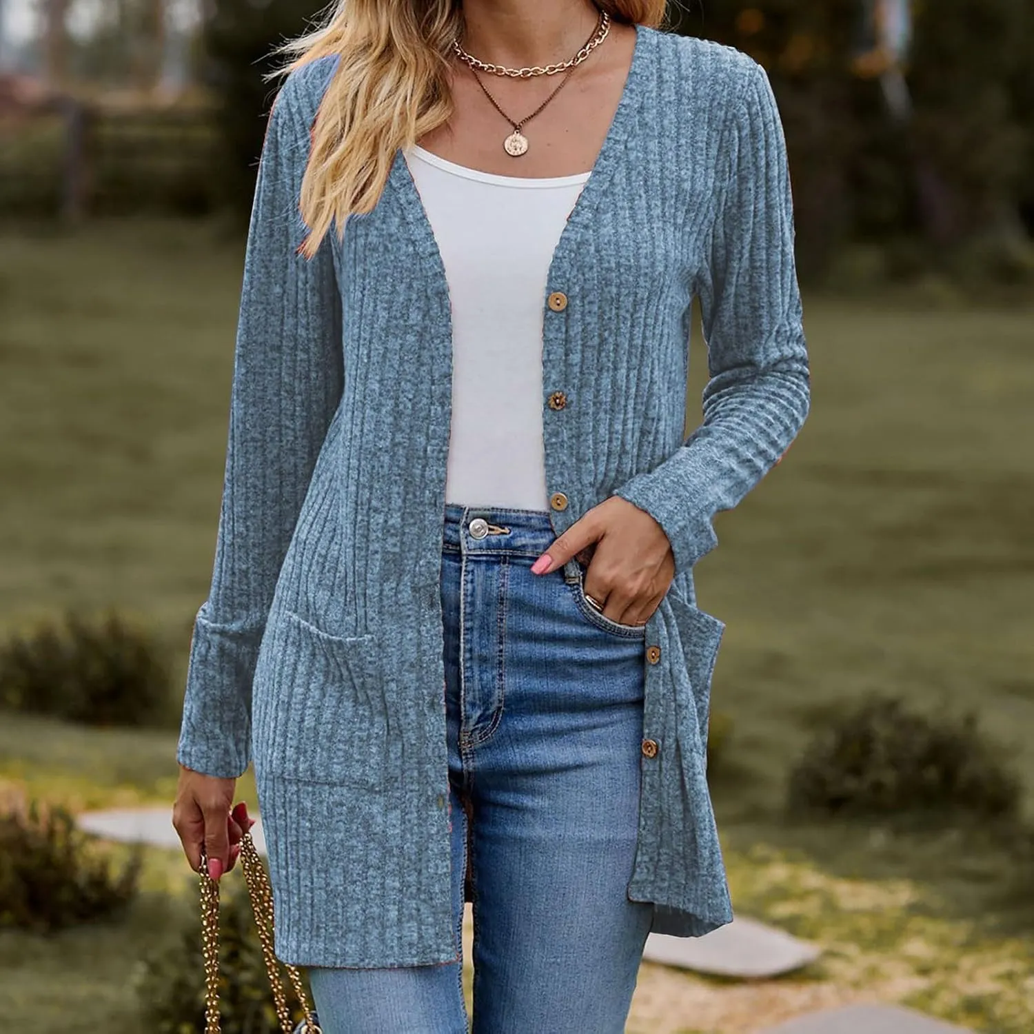 Cardigan for Women Long Sleeve Open Front Button Solid Sweaters Chunky Knit Slouchy Dropped Casual Outerwear Tops with Pocket