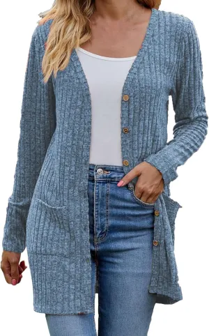 Cardigan for Women Long Sleeve Open Front Button Solid Sweaters Chunky Knit Slouchy Dropped Casual Outerwear Tops with Pocket