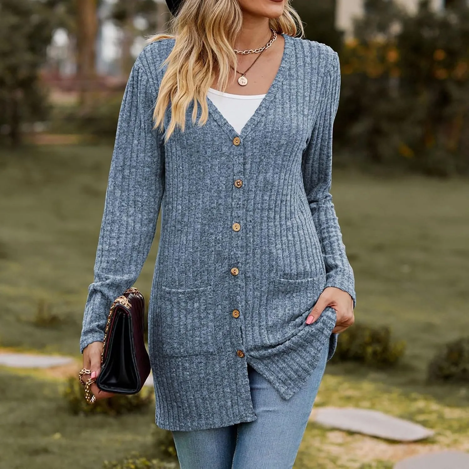 Cardigan for Women Long Sleeve Open Front Button Solid Sweaters Chunky Knit Slouchy Dropped Casual Outerwear Tops with Pocket