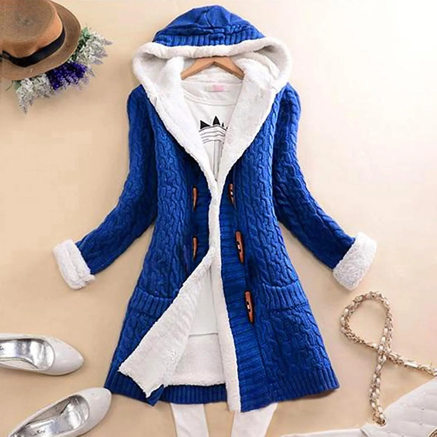 Cardigan Sweaters for Women Hooded Fleece Lined Button Down Front Jackets Winter Coat with Pockets