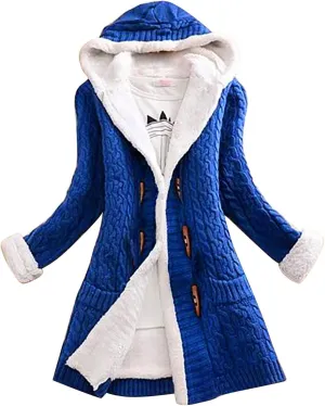 Cardigan Sweaters for Women Hooded Fleece Lined Button Down Front Jackets Winter Coat with Pockets