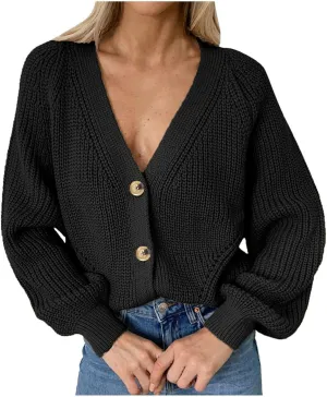 Cardigan Sweaters for Women Lightweight Open Front Chunky Knit Long Sleeve V Neck Button Loose Cropped Cardigan