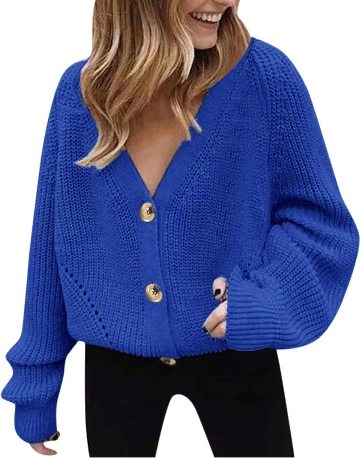 Cardigan Sweaters for Women Lightweight Open Front Chunky Knit Long Sleeve V Neck Button Loose Cropped Cardigan