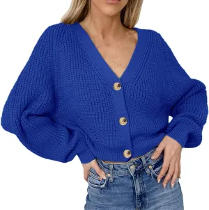 Cardigan Sweaters for Women Lightweight Open Front Chunky Knit Long Sleeve V Neck Button Loose Cropped Cardigan