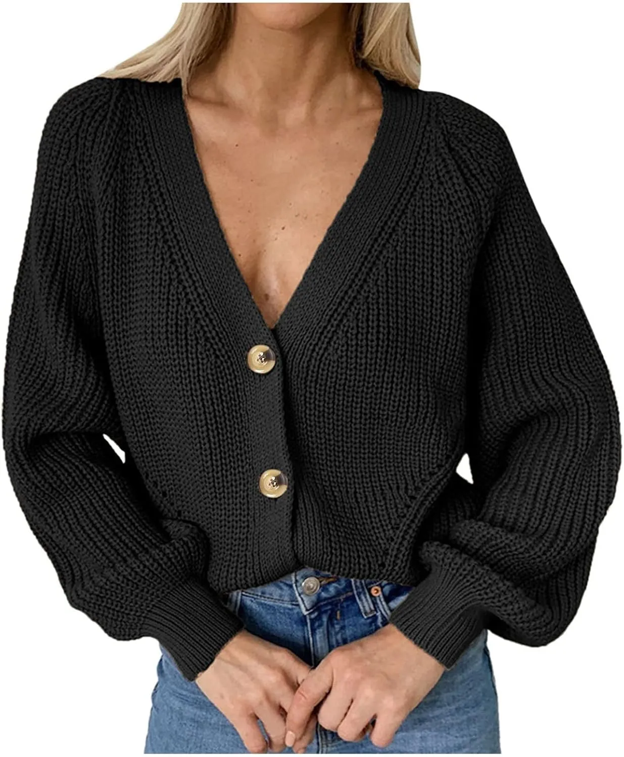 Cardigan Sweaters for Women Lightweight Open Front Chunky Knit Long Sleeve V Neck Button Loose Cropped Cardigan