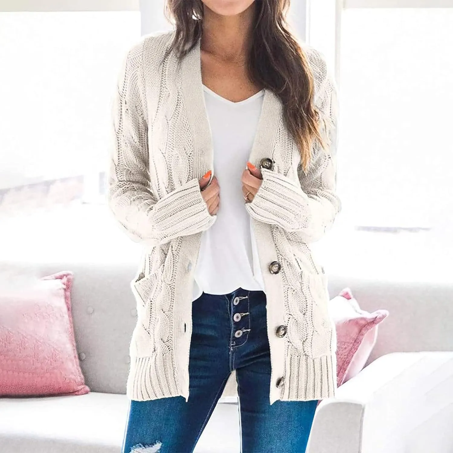 Cardigan Sweaters for Women Open Front Cardigan Sweater Fashion Button Knit Chunky Outwear Plus Size Coats Pocket