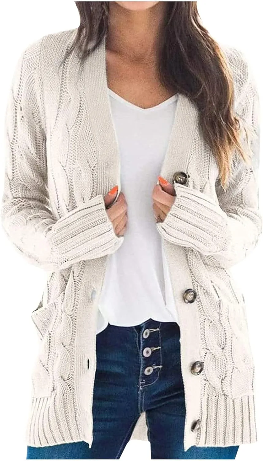 Cardigan Sweaters for Women Open Front Cardigan Sweater Fashion Button Knit Chunky Outwear Plus Size Coats Pocket
