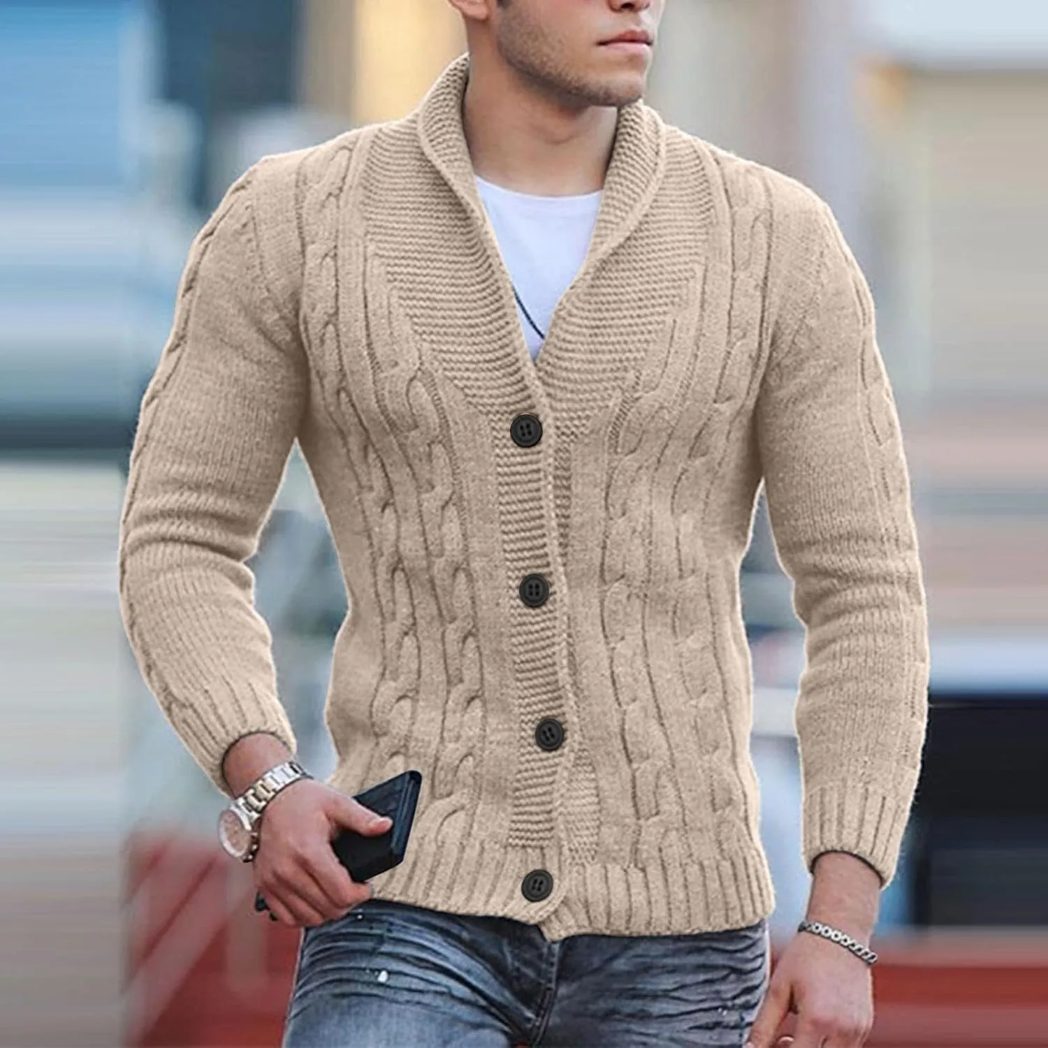 Cardigans for Men, Cardigan Sweaters for Men Shawl Collar with Buttons Knitted Long Sleeve Slim Fit Lightweight Soft Sweaters