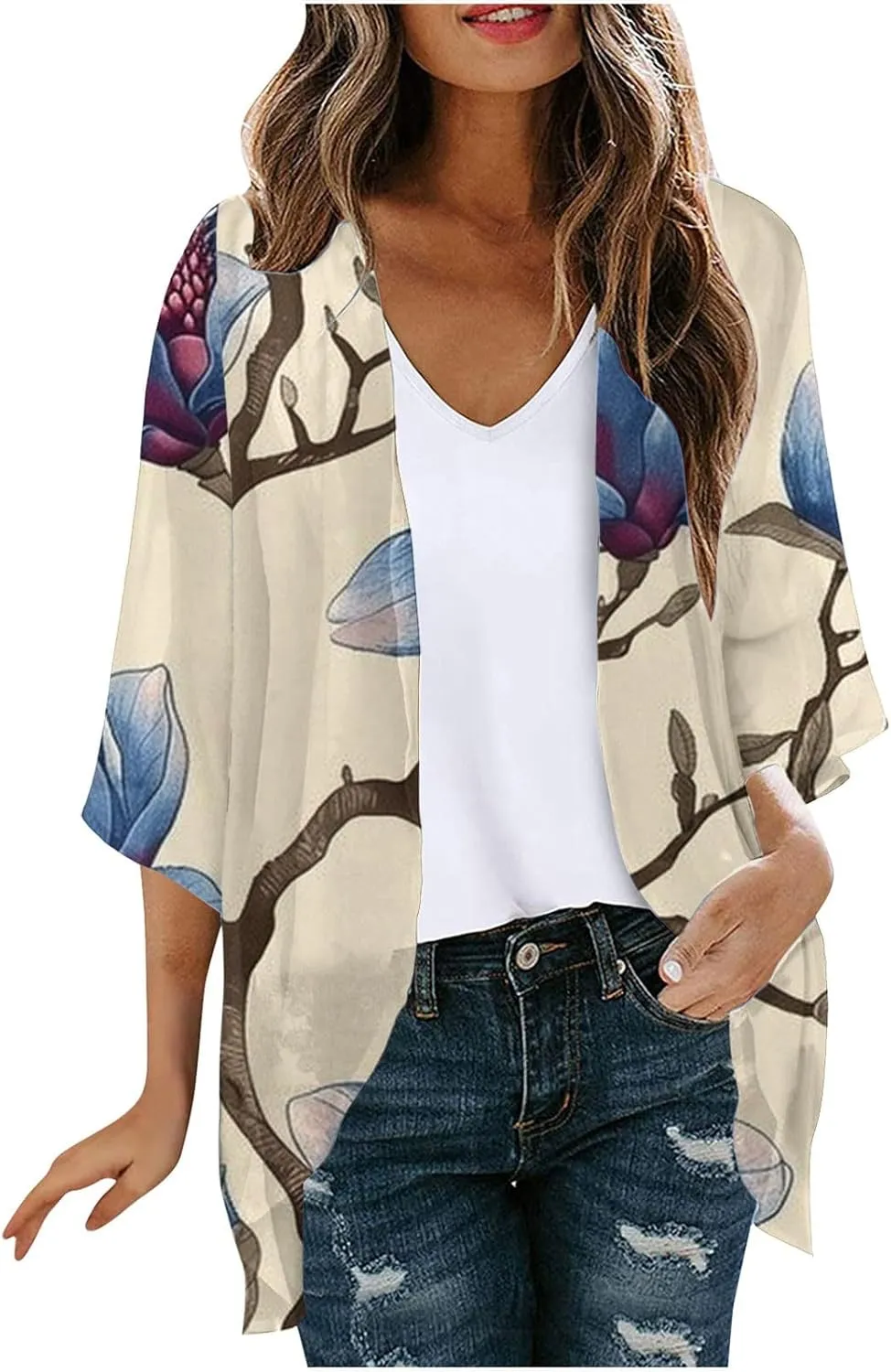 Cardigans for Women Trendy 3/4 Sleeve Open Front Cardigan Floral Printed Boho Kimono Summer Vacation Outfits