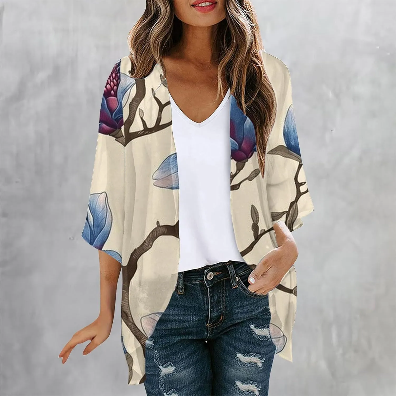 Cardigans for Women Trendy 3/4 Sleeve Open Front Cardigan Floral Printed Boho Kimono Summer Vacation Outfits
