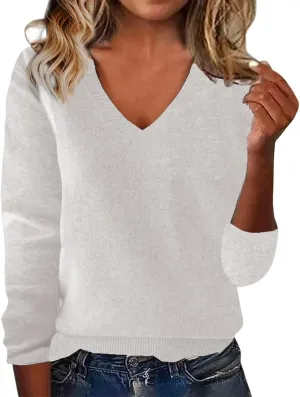 Cashmere Sweaters for Women V Neck Long Sleeve Warm Wool Sweater Soft Cozy Pullover Tops Trendy Wool Knitted Sweaters