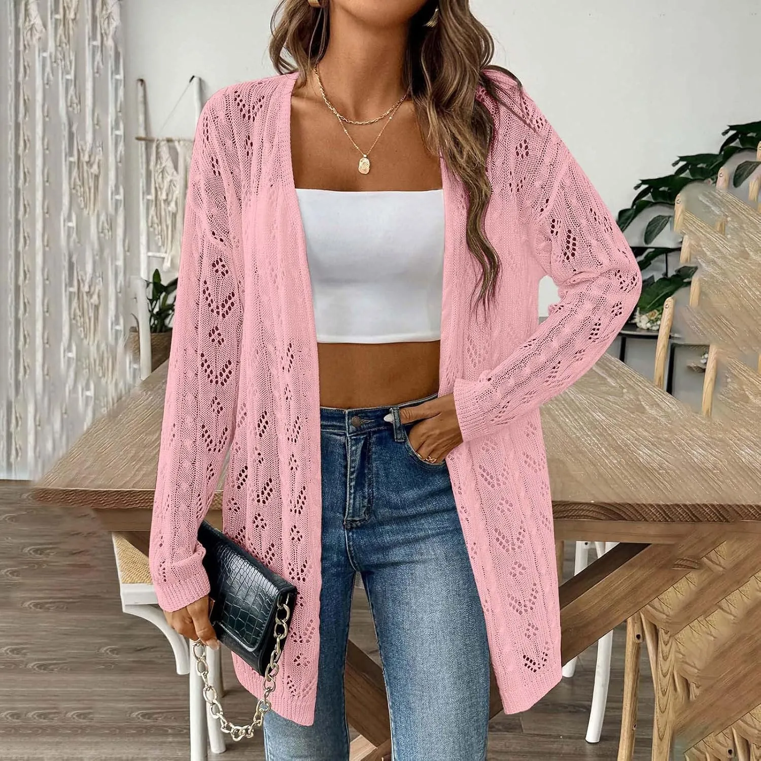 Chic Cable Knit Cardigan for Womens Open Front Cardigan Sweaters Fashion Crochet Cable Knit Chunky Outwear Coats
