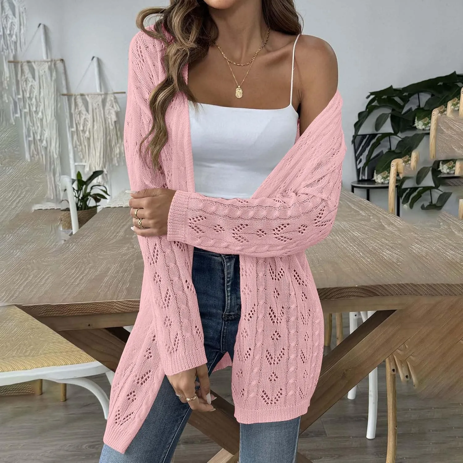 Chic Cable Knit Cardigan for Womens Open Front Cardigan Sweaters Fashion Crochet Cable Knit Chunky Outwear Coats