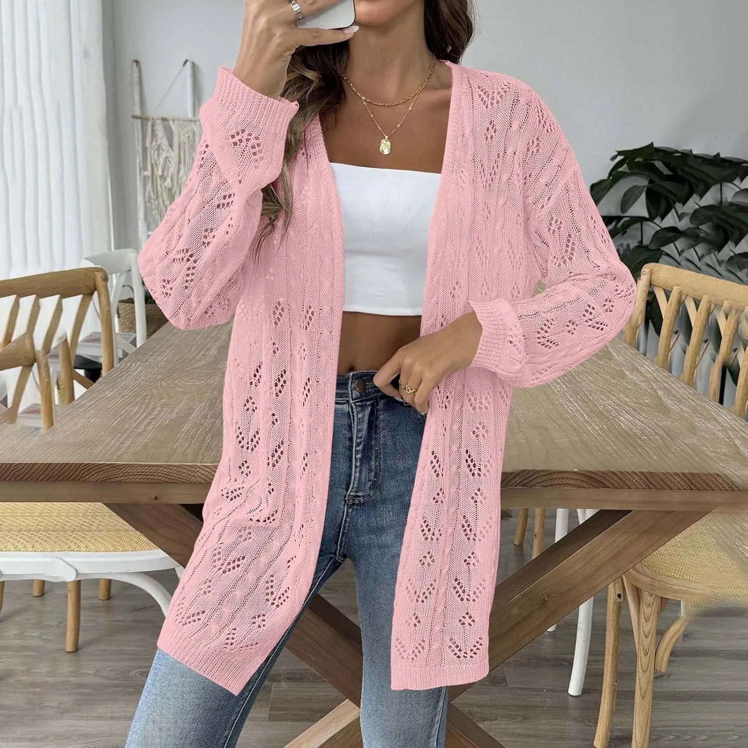 Chic Cable Knit Cardigan for Womens Open Front Cardigan Sweaters Fashion Crochet Cable Knit Chunky Outwear Coats